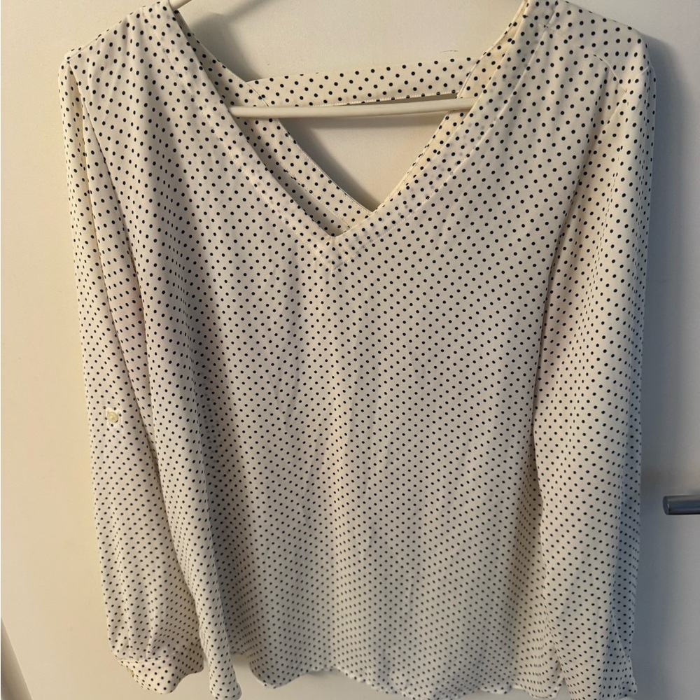 LOFT Cream and Black Polka Dot V-Neck Long Sleeve Top